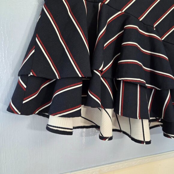 Express 10 Navy Blue Red Stripes Layered Flowy Ruffle Holiday Mini Skirt - Picture 3 of 9